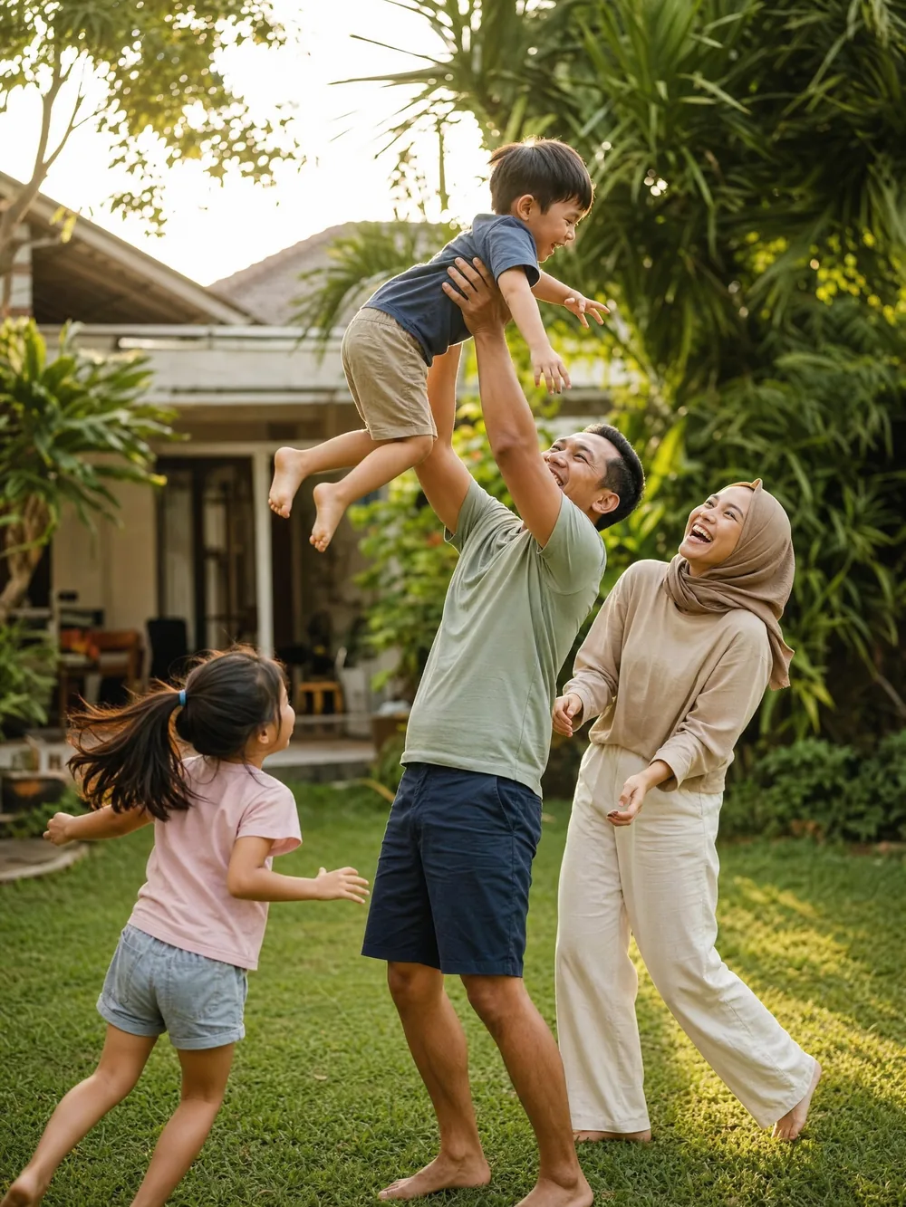 Pasangan Indonesia yang sehat bermain bersama anak-anak di halaman rumah